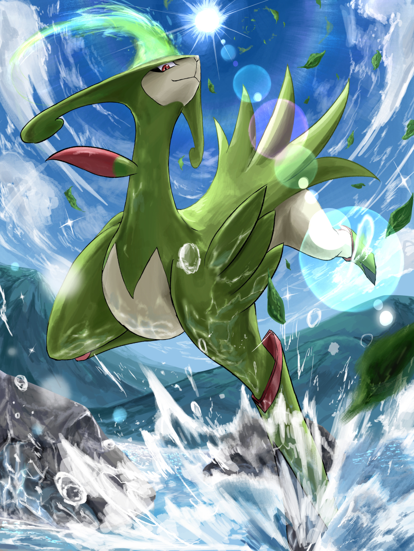 :3, absurdres, animal_focus, blue_sky, caustics, closed_mouth, cloud, day