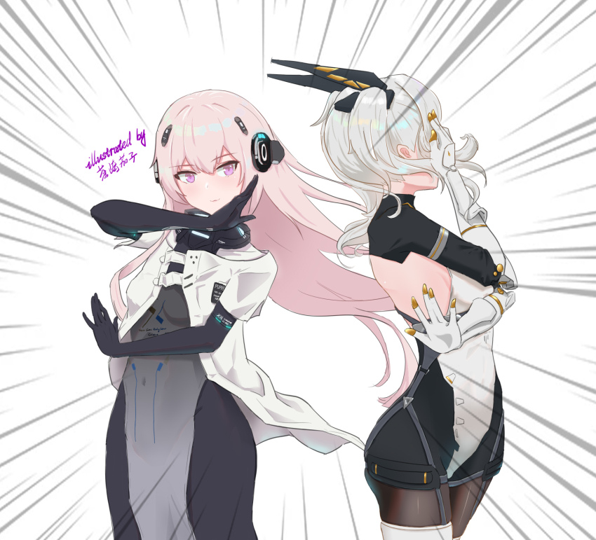 2girls, artist_name, black_bodysuit, black_pantyhose, bodysuit, closed_mouth, grey_hair, hair_between_eyes, hair_ornament, headgear, headphones, highres, jojo_pose, karenina:_scire_(pgr), karenina_(pgr), mechanical_arms, meme, multiple_girls, pantyhose, pink_hair, punishing:_gray_raven, purple_eyes, science_adventure, steins;gate, teddy:_decryptor_(pgr), teddy_(npc)_(pgr), teddy_(pgr), xyt1843