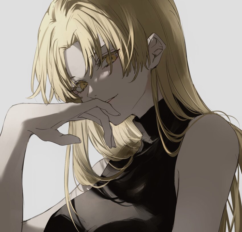 1girl, bare_arms, black_sweater, blonde_hair, breasts, colored_eyelashes, grey_background, grin, highres, jujutsu_kaisen, long_hair, looking_at_viewer, medium_breasts, nozz177, simple_background, sleeveless, sleeveless_sweater, sleeveless_turtleneck, smile, solo, sweater, tsukumo_yuki_(jujutsu_kaisen), turtleneck, turtleneck_sweater, upper_body, very_long_hair, yellow_eyes
