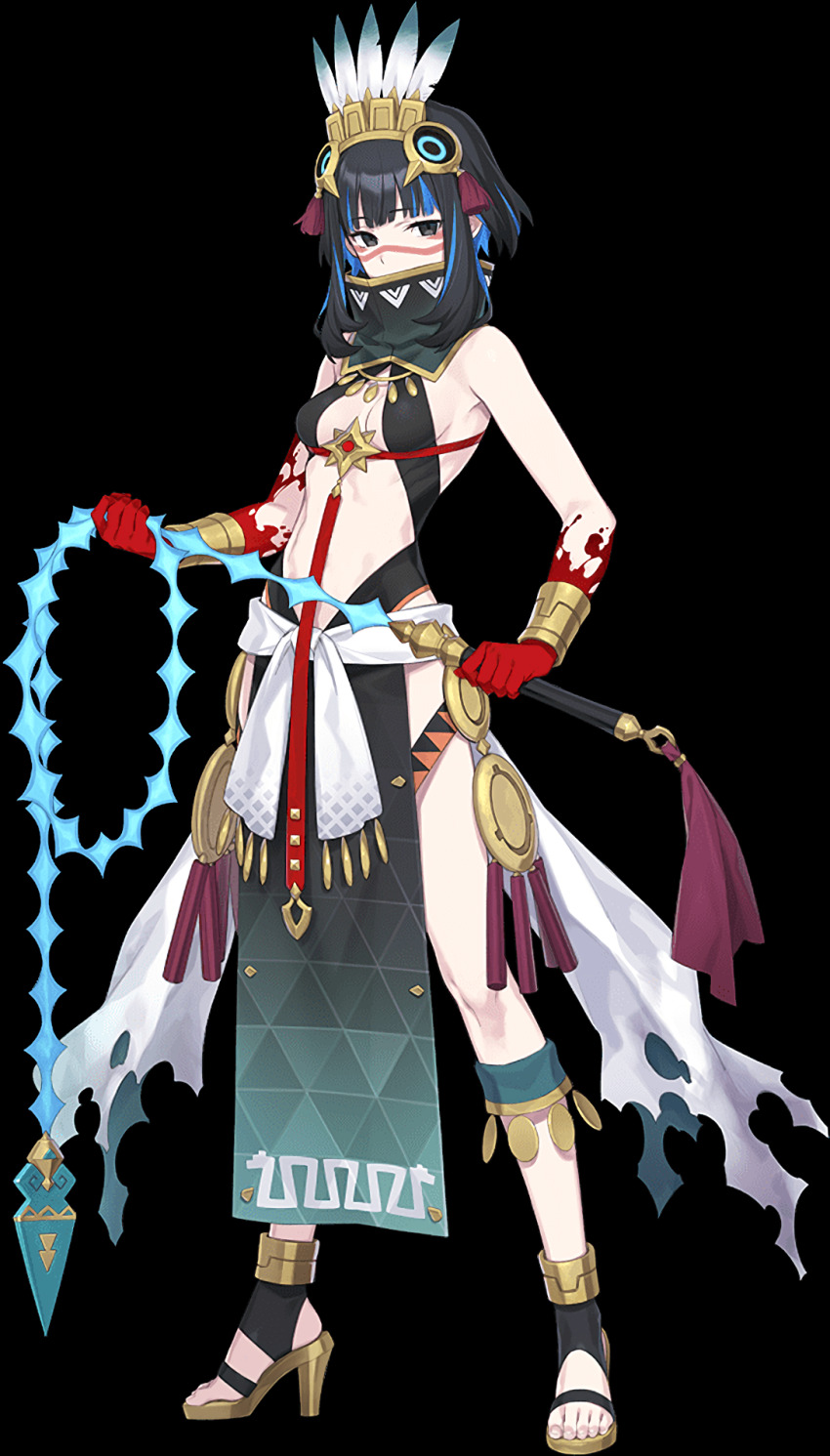 1girl, bare_shoulders, black_hair, blue_hair, blunt_bangs, blush, bracer, breasts