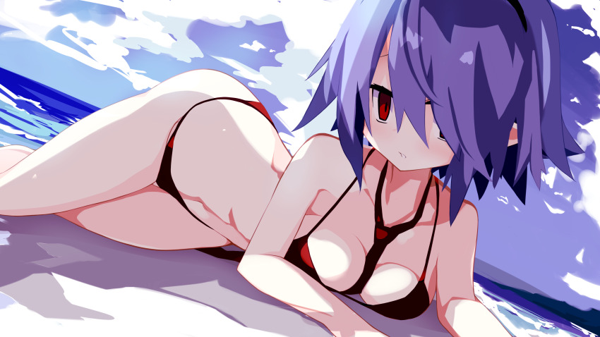 1girl, absurdres, beach, bikini, blue_hair, breasts, disgaea, hair_over_one_eye