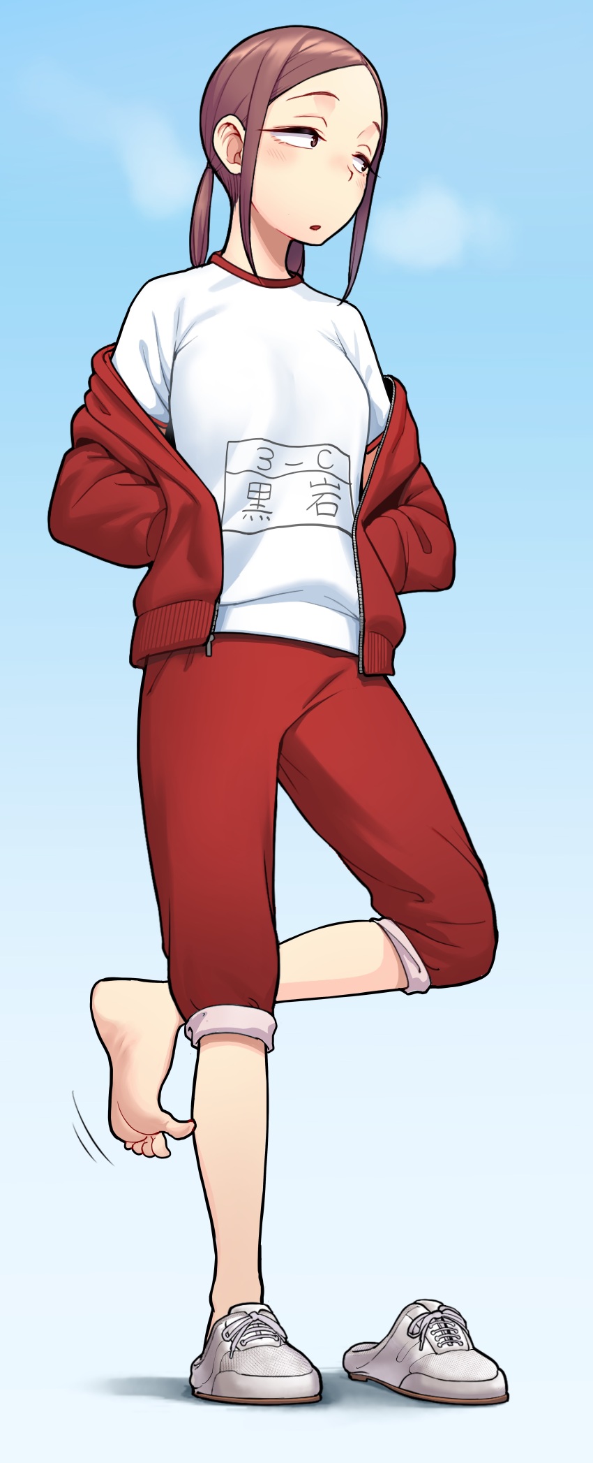 1girl, absurdres, barefoot, brown_hair, feet, gym_uniform, highres, houkago_teibou_nisshi, imizu_futoshi, jacket, kuroiwa_yuuki, no_socks, pants, red_jacket, red_pants, scratching_leg, shirt, shoes, simple_background, single_shoe, solo, spread_toes, standing, standing_on_one_leg, toes, white_shirt, white_shoes