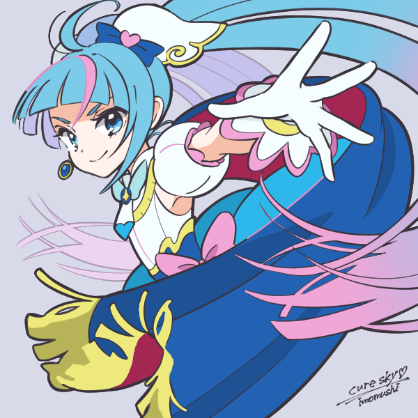 1girl, ahoge, blue_cape, cape, cure_sky, detached_sleeves, earrings, gloves