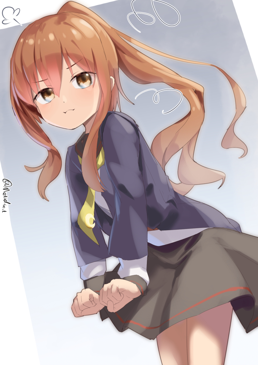 1girl, black_sailor_collar, black_skirt, blue_jacket, brown_eyes, brown_hair, cowboy_shot, duplicate