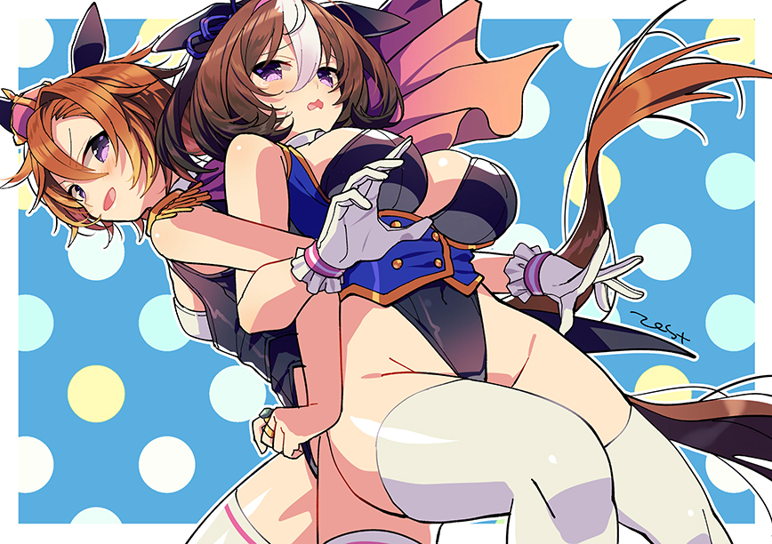 2girls, alternate_costume, animal_ears, artist_name, back-to-back, black_leotard, blue_vest, blush, breasts, brown_hair, cape, commentary_request, covered_navel, crown, ears_down, epaulettes, gloves, groin, hair_between_eyes, horse_ears, horse_girl, horse_tail, jewelry, large_breasts, leotard, locked_arms, looking_at_viewer, meisho_doto_(umamusume), mini_crown, multicolored_hair, multiple_girls, open_mouth, purple_eyes, ring, short_hair, small_breasts, smile, t.m._opera_o_(umamusume), tail, tearing_up, thighhighs, two-tone_hair, umamusume, vest, wavy_mouth, white_gloves, white_thighhighs, zest_(lossol)