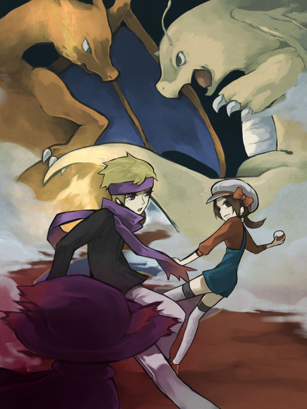 00s, 1boy, 1girl, bad_id, bad_pixiv_id, battle, blonde_hair, brown_hair