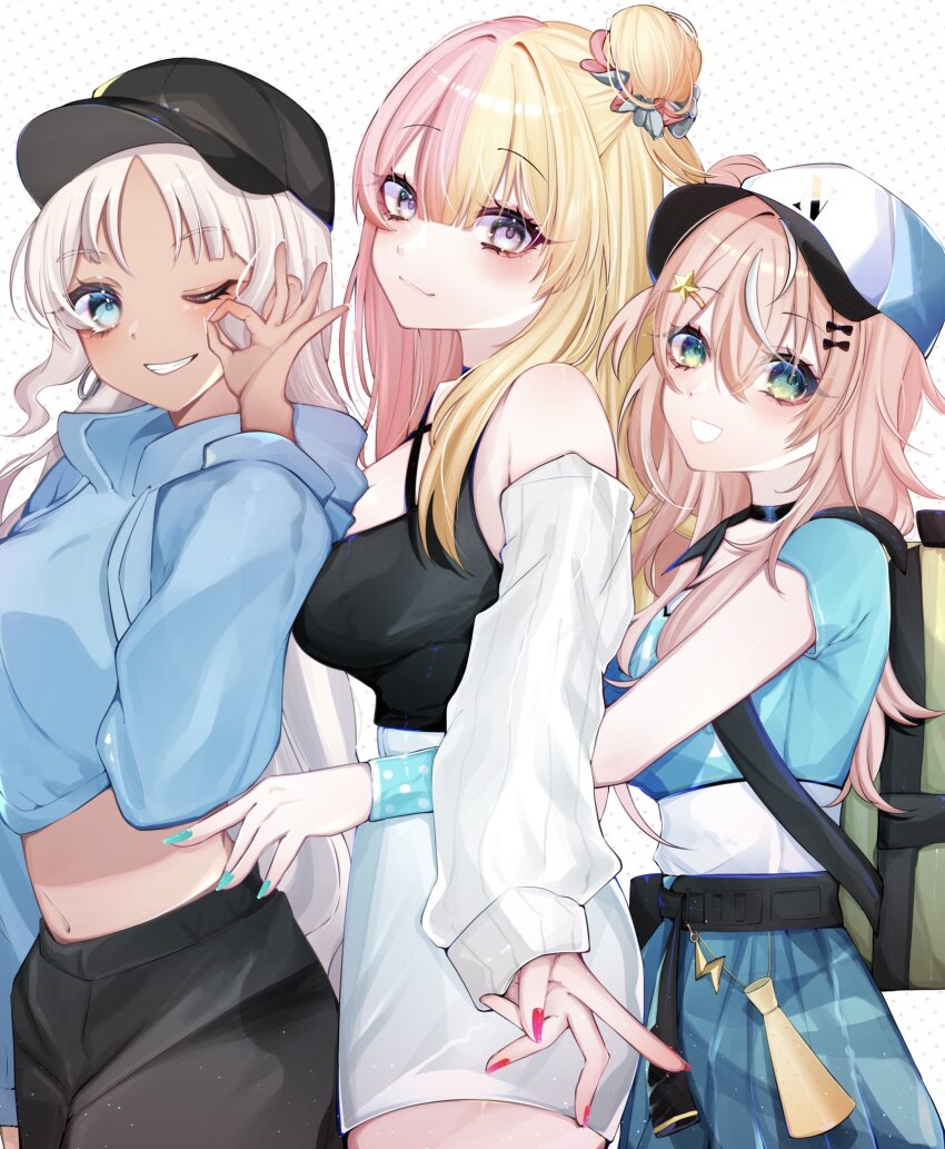 3girls, alternate_costume, backpack, bag, baseball_cap, belt, black_belt, black_bow, black_bustier, black_choker, black_pants, blonde_hair, blue_eyes, blue_hoodie, blue_nails, blue_shirt, blue_skirt, blunt_bangs, blush, bow, breasts, bustier, choker, closed_mouth, dark-skinned_female, dark_skin, detached_sleeves, earrings, from_side, green_eyes, grin, gyaru, hair_between_eyes, hair_bow, hair_bun, hair_ornament, hair_scrunchie, hairclip, hat, highres, hood, hoodie, hoop_earrings, igarashi_rika, jewelry, kotoka_torahime, large_breasts, lineup, long_hair, long_sleeves, looking_at_viewer, medium_breasts, midriff, miniskirt, multicolored_hair, multiple_girls, navel, nijisanji, nijisanji_en, ok_sign, one_eye_closed, orange_hair, pants, parted_bangs, pink_hair, purple_eyes, red_nails, scrunchie, shirt, single_side_bun, skirt, smile, split-color_hair, star_(symbol), star_hair_ornament, streaked_hair, t-shirt, todoroki_kyouko, two-tone_hair, v, virtual_youtuber, white_hair, white_skirt, white_sleeves, yukishiro_(boma_winter)