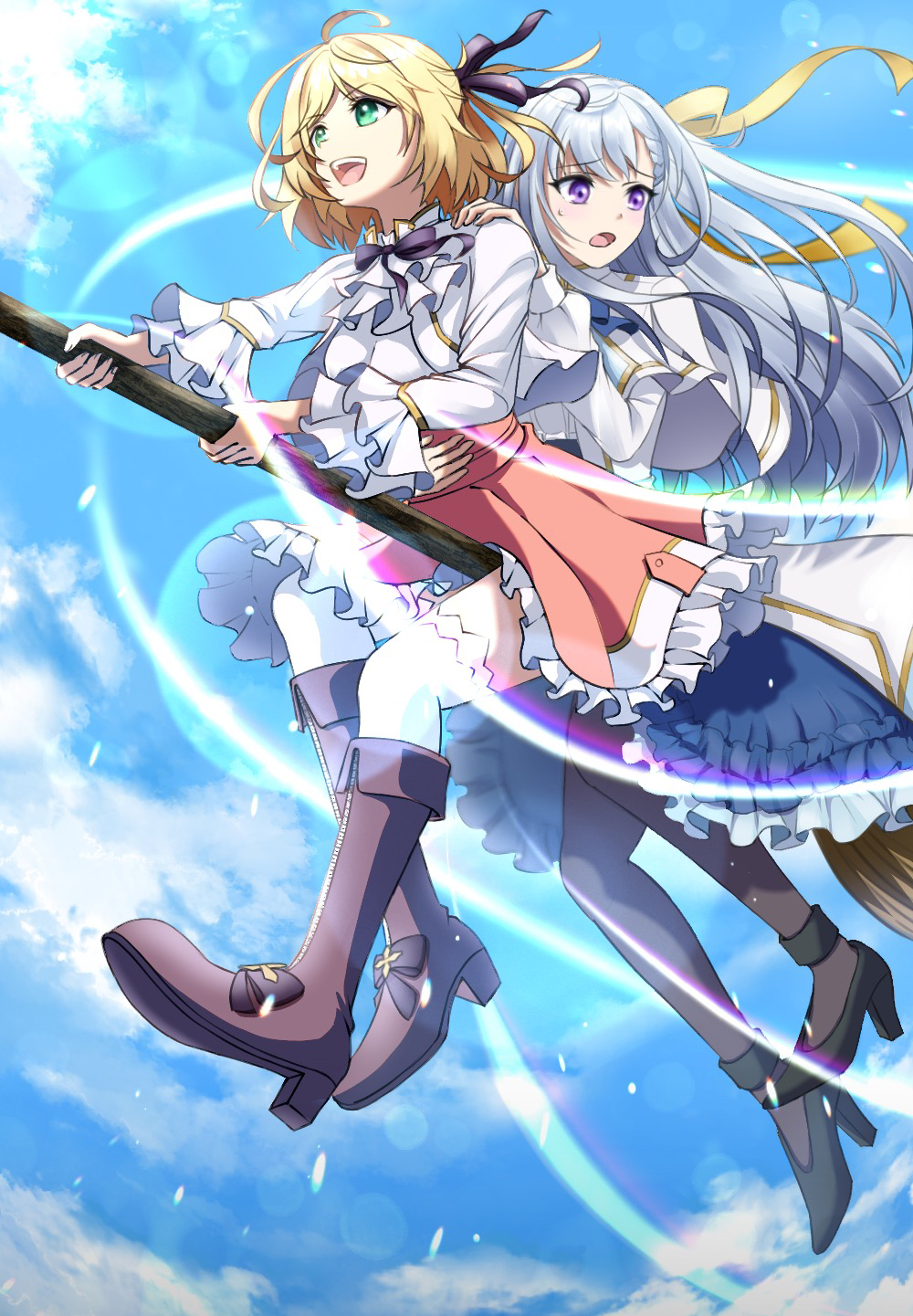 2girls, ahoge, anisphia_wynn_palettia, arm_around_another's_waist, blonde_hair, blue_skirt, blue_sky, blurry