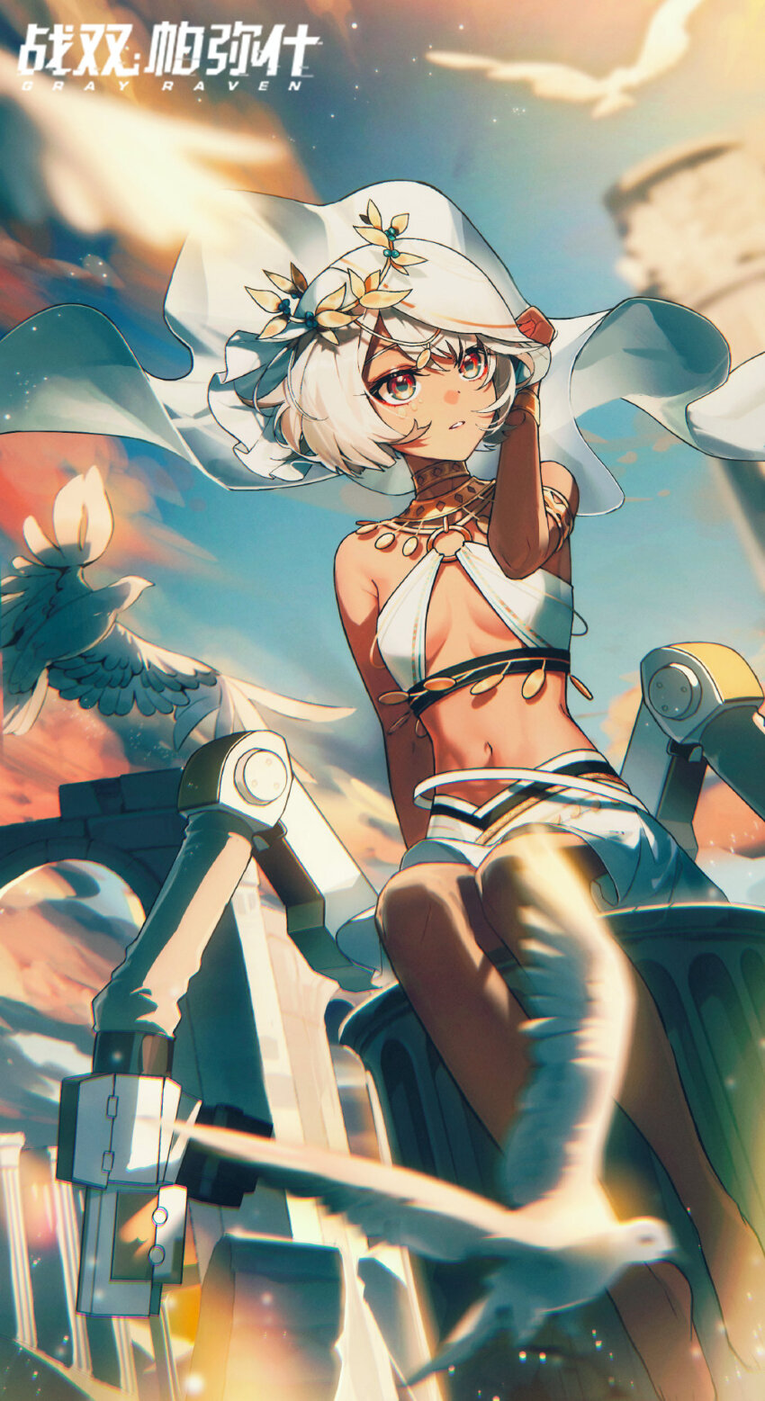 1girl, armlet, barefoot, bird, birthday, cloud, dancer, dark-skinned_female, dark_skin, dove, gold, headdress, highres, jewelry, mechabare, mechanical_arms, official_art, pillar, punishing:_gray_raven, red_eyes, ruins, sky, sophia:_silverfang_(mandala_dance)_(pgr), sophia_(pgr), white_hair, white_headdress, wind, zhang_shuang_pa_mi_shi