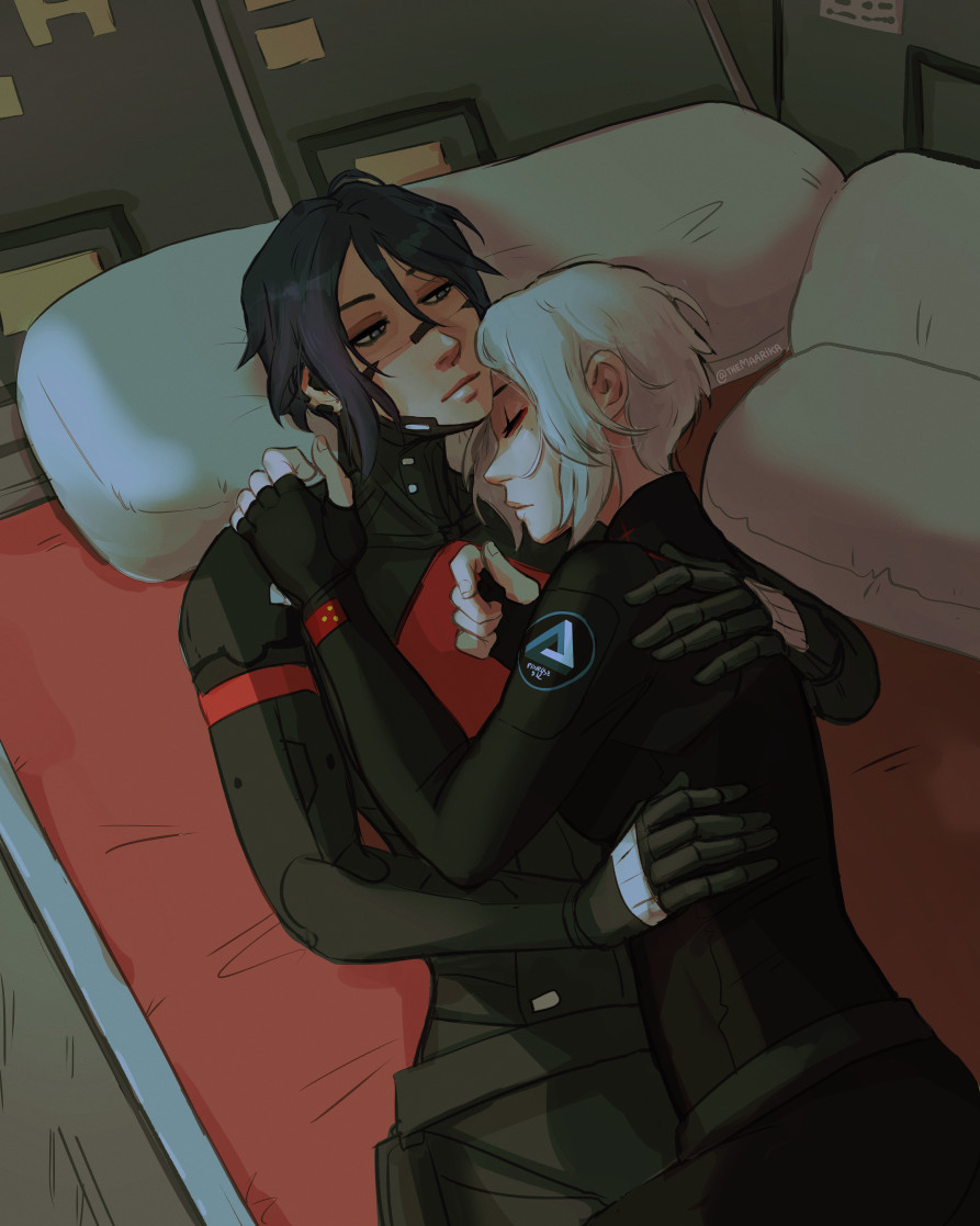 2girls, android, ariane_yeong, bed, black_hair, breasts, closed_eyes, elster_(signalis)