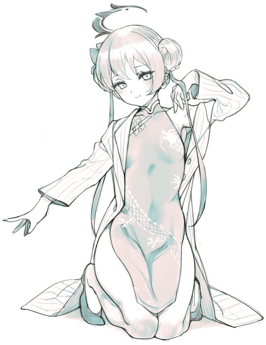 1girl, blue_archive, braid, braided_bun, breasts, butterfly_hair_ornament, china_dress, chinese_clothes