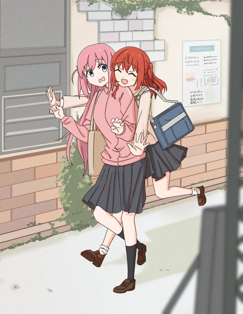 2girls, blue_eyes, bocchi_the_rock!, cube_hair_ornament, gotoh_hitori, hair_between_eyes, hair_ornament, highres