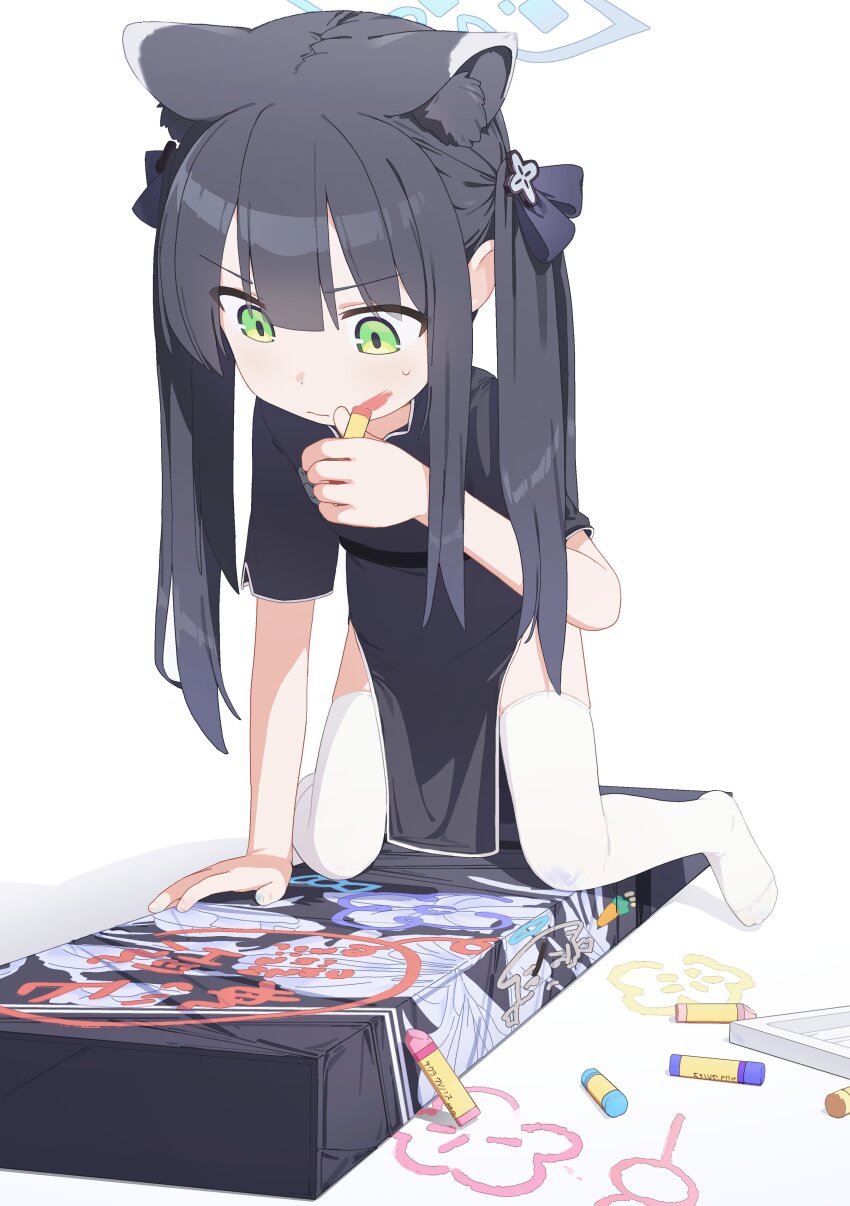 1girl, absurdres, animal_ear_fluff, animal_ears, arm_support, black_dress, black_hair, blue_archive, china_dress, chinese_clothes, crayon, drawing, drawing_on_own_face, dress, full_body, green_eyes, hair_ribbon, halo, highres, holding, holding_crayon, jiryu50610218, kneeling, long_hair, no_shoes, ribbon, short_sleeves, shun_(blue_archive), shun_(small)_(blue_archive), side_slit, sidelocks, solo, sweatdrop, thighhighs, tiger_ears, twintails, weapon_case, white_background, white_thighhighs