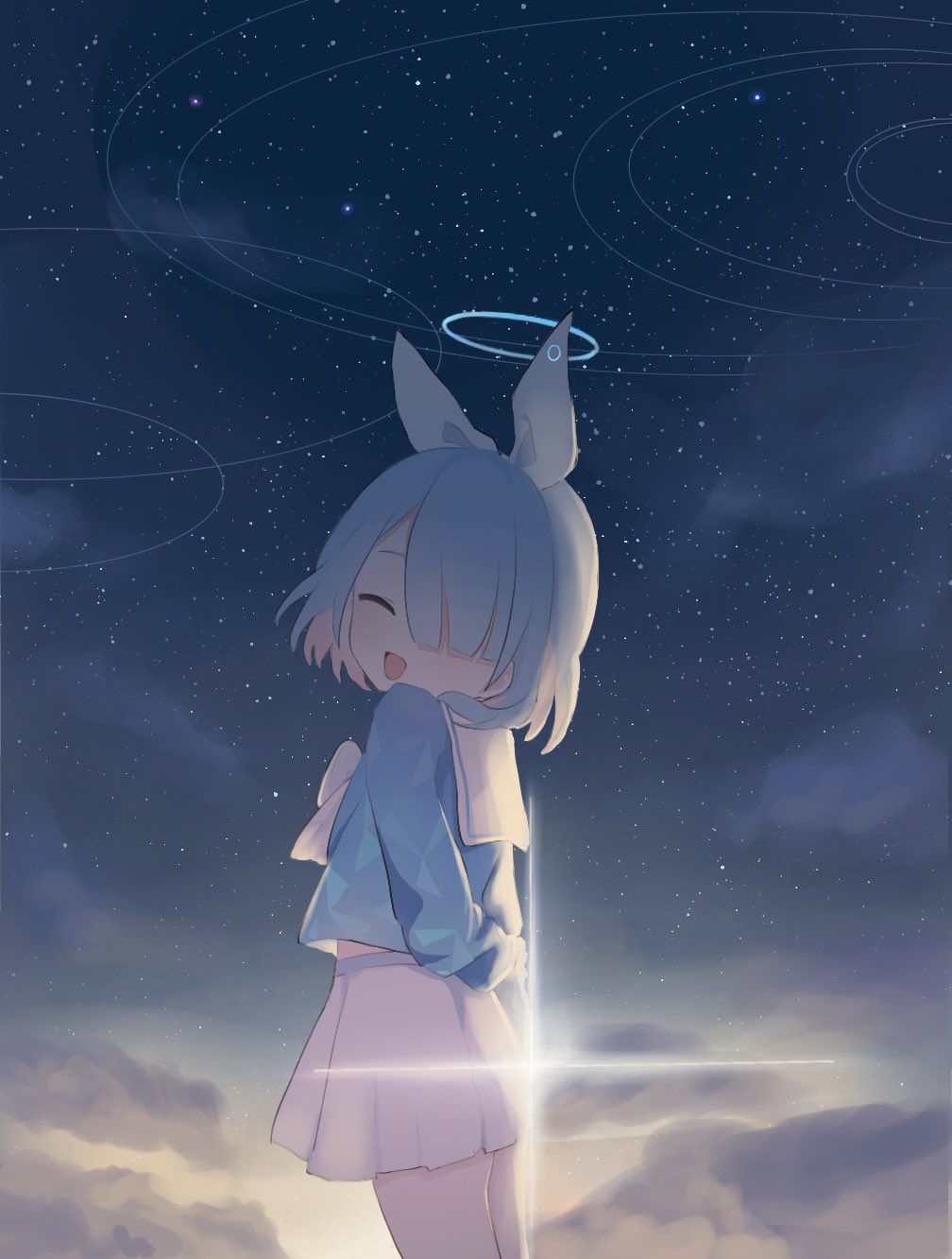 1girl, arona_(blue_archive), backlighting, blue_archive, blue_hair, blue_serafuku, blue_shirt, bow, closed_eyes, cloud, colored_inner_hair, cowboy_shot, diffraction_spikes, hair_bow, hair_over_one_eye, halo, highres, light_blue_hair, multicolored_hair, nemuri_oekaki, open_mouth, ribbon, sailor_collar, school_uniform, serafuku, shirt, short_hair, skirt, sky, smile, solo, star_(sky), starry_sky, two-tone_hair, white_bow, white_ribbon, white_sailor_collar, white_skirt