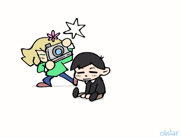2boys, :3, =_=, animated, animated_gif, basil_(omori), black_hair, black_shirt, blue_pants, brown_footwear, brown_shorts, camera, chibi, closed_eyes, disappointedolimar, flower, green_shirt, hair_flower, hair_ornament, looping_animation, multiple_boys, omori, on_floor, pants, pink_flower, shirt, shorts, simple_background, sitting, sleepy, sunny_(omori), taking_picture, white_background