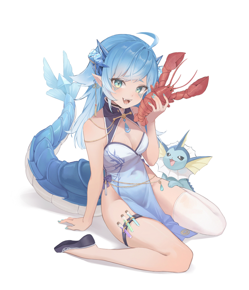 1girl, absurdres, ahoge, aqua_eyes, aqua_nails, arm_support, black_shoes, blue_hair, breasts, china_dress, chinese_clothes, cleavage, dress, fangs, gen_1_pokemon, hand_up, highres, holding, indie_virtual_youtuber, light_blue_hair, lobster, long_hair, looking_at_viewer, medium_breasts, midori_fufu, nintendo, open_mouth, paroniie_(vtuber), pelvic_curtain, pointy_ears, pokemon, shoes, single_thighhigh, sitting, sleeveless, solo, tail, thigh_strap, thighhighs, vaporeon, vial, virtual_youtuber, wariza, white_background, white_thighhighs