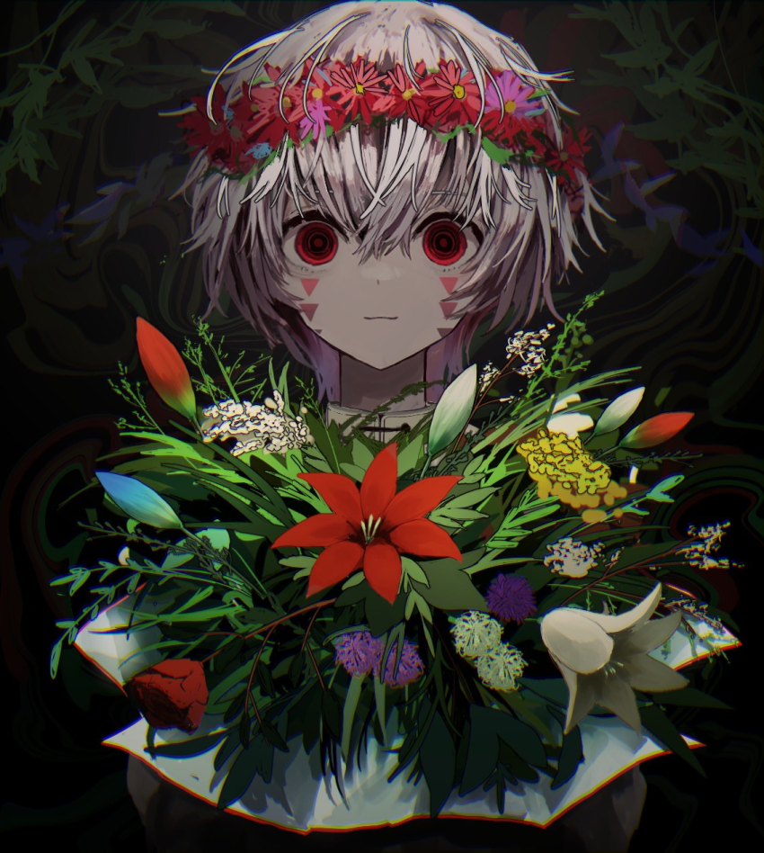 1girl, black_background, blue_flower, bouquet, chromatic_aberration, closed_mouth, commentary_request, flower