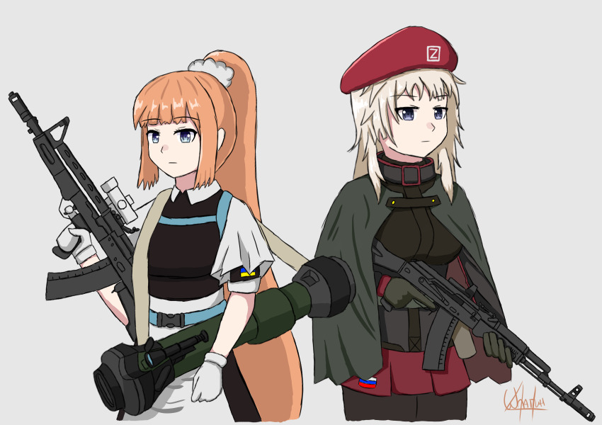 2girls, ak74m_(girls'_frontline), beret, blonde_hair, blue_eyes, girls'_frontline, hat, highres