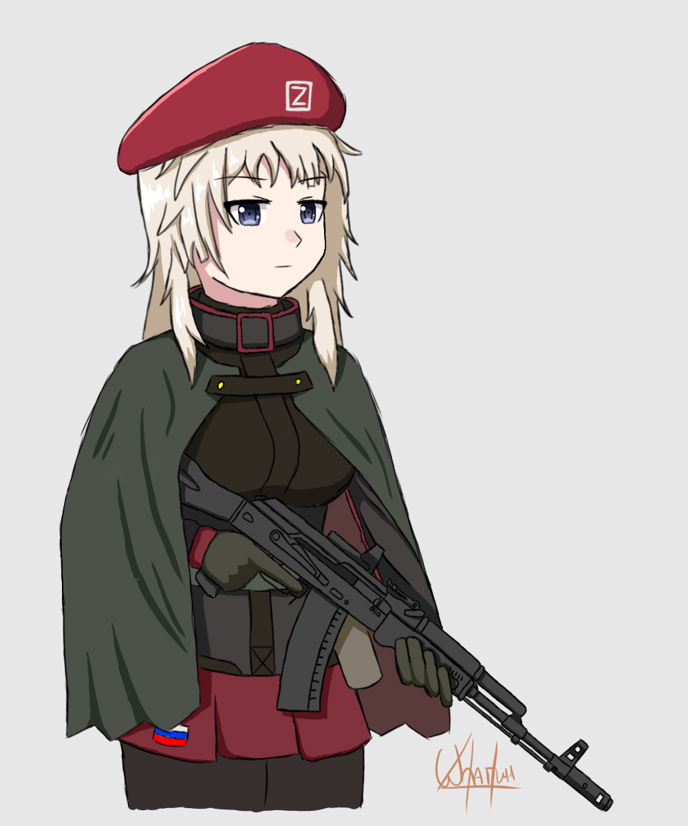 1girl, ak74m_(girls'_frontline), beret, blonde_hair, blue_eyes, breasts, girls'_frontline, gloves, gun, hat, highres, medium_breasts, red_hat, red_skirt, russia, russian_flag, russian_ground_forces, russo-ukrainian_war, shpagin41, skirt, weapon, z_(russian_symbol)