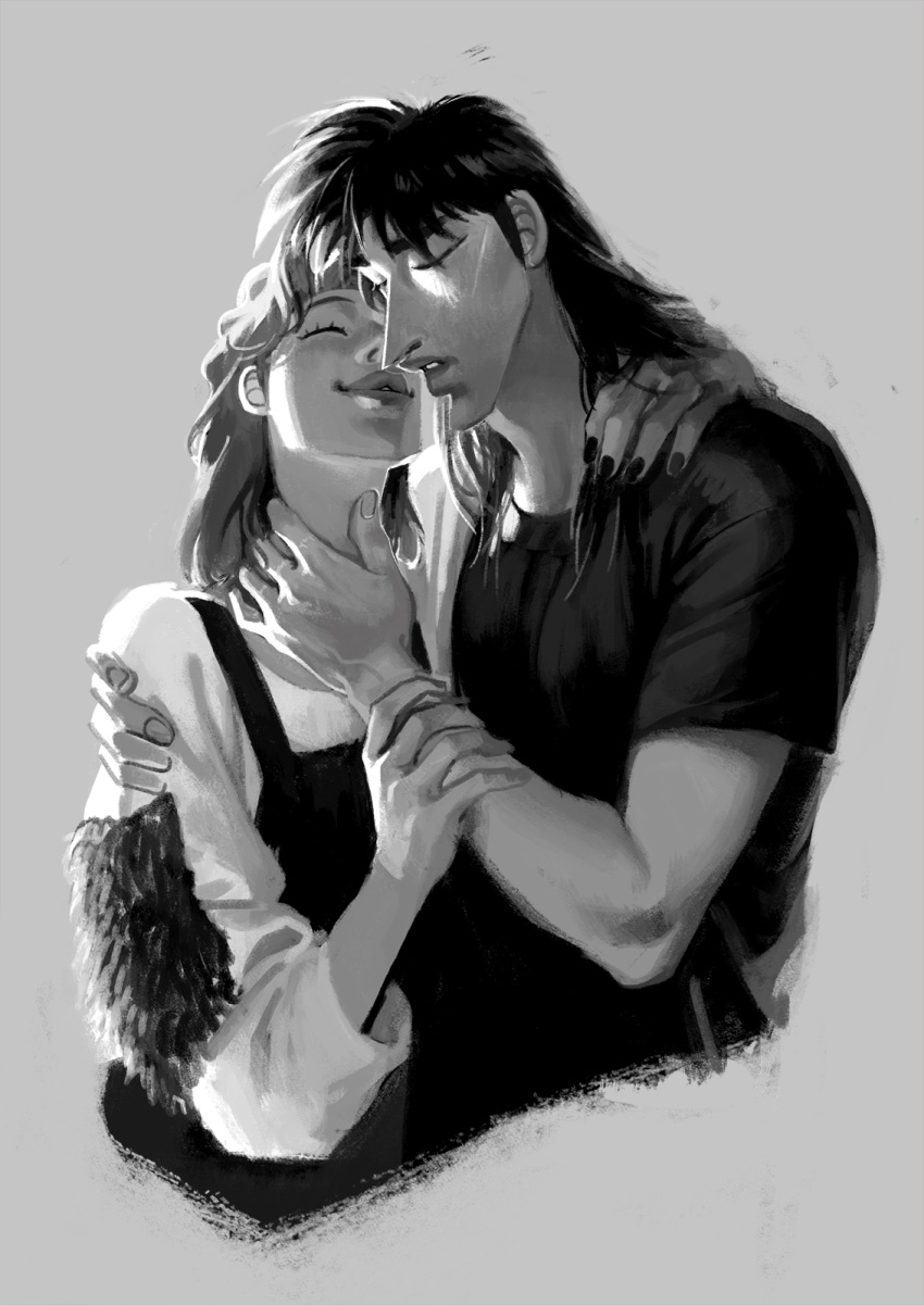 1boy, 1girl, black_hair, black_shirt, brown_hair, closed_eyes, fur_trim, greyscale