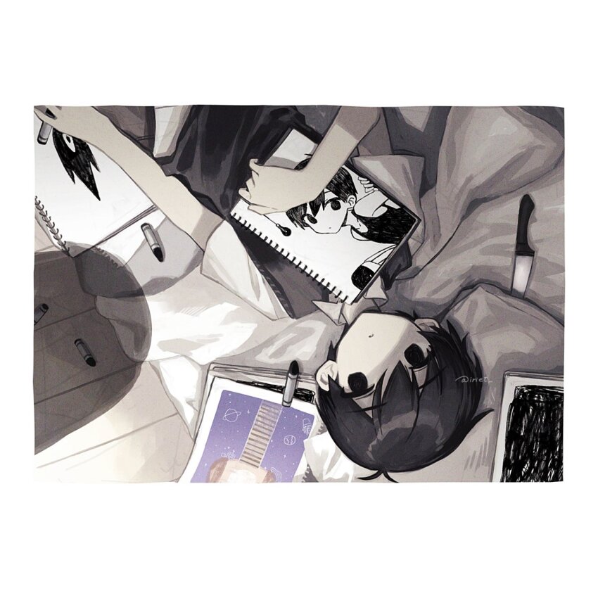 1boy, bed_sheet, black_eyes, black_hair, black_sweater_vest, black_tank_top, border, commentary