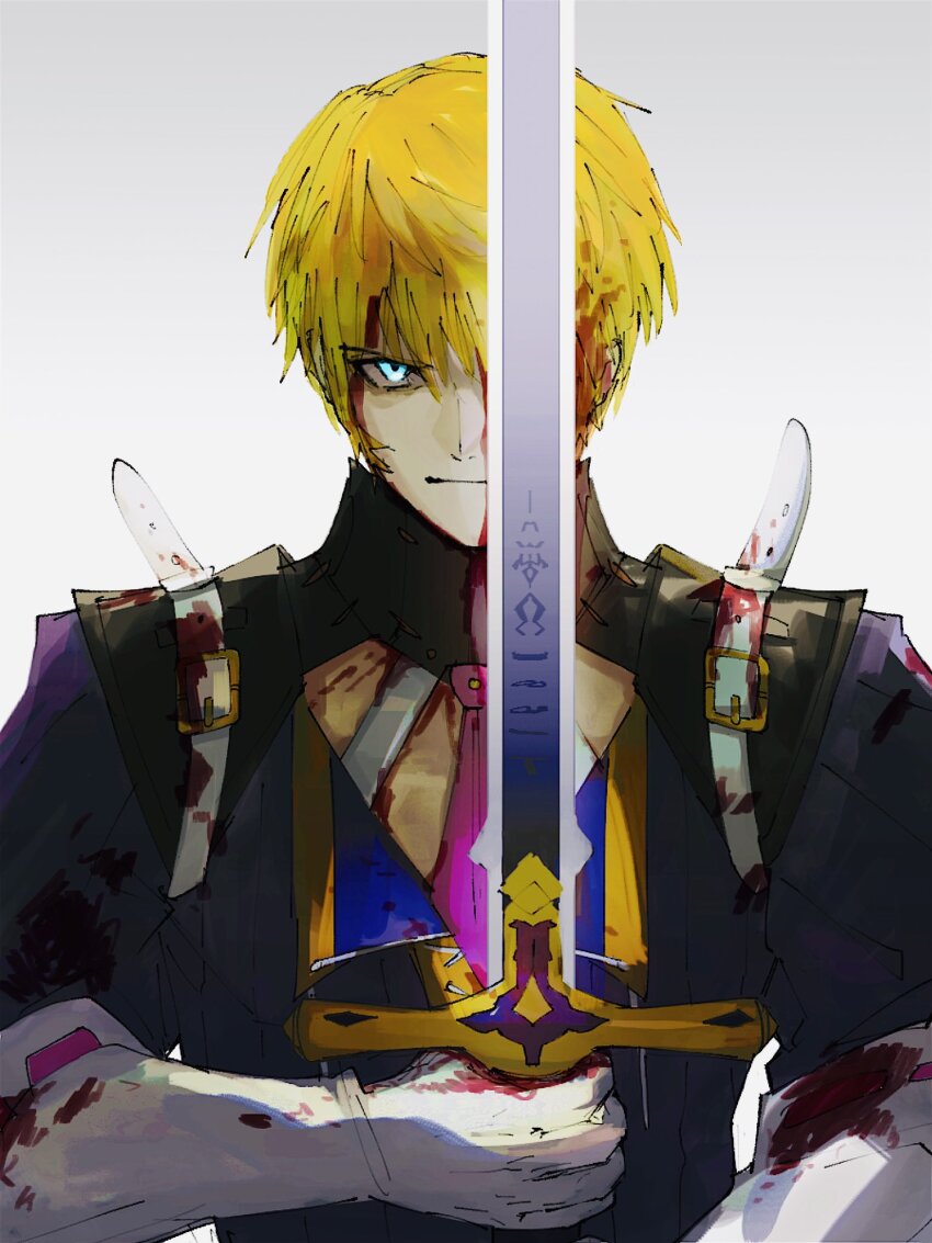 1boy, belt, black_shirt, blonde_hair, blood, blood_in_hair, blood_on_clothes, blood_on_face