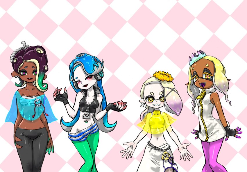 4girls, bare_shoulders, breasts, cleavage, cosplay, crop_top, crown, dark-skinned_female