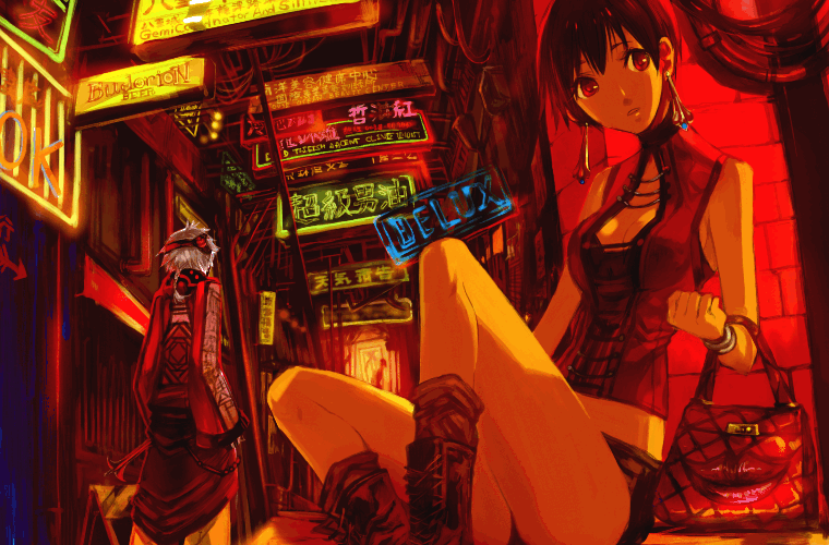 1boy, 1girl, artdink, bag, city, earrings, elbow_carry, feng_shui_master_(kowloon's_gate), handbag, jewelry, kimihiyo, kowloon's_gate, mikihito, neon_lights, scenery, short_hair, thighs, xiaohei