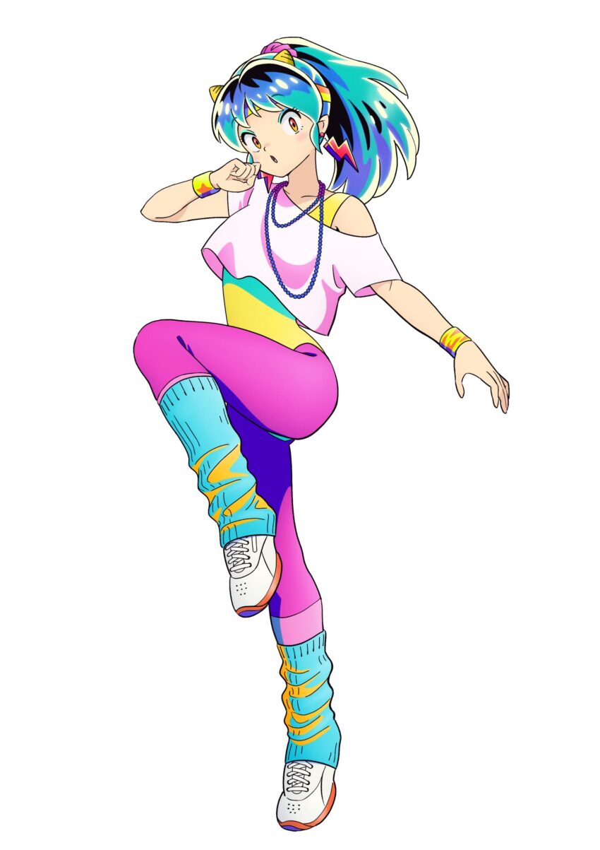 absurdres, blue_hair, cone_horns, earrings, full_body, green_hair, green_socks, hair_ornament