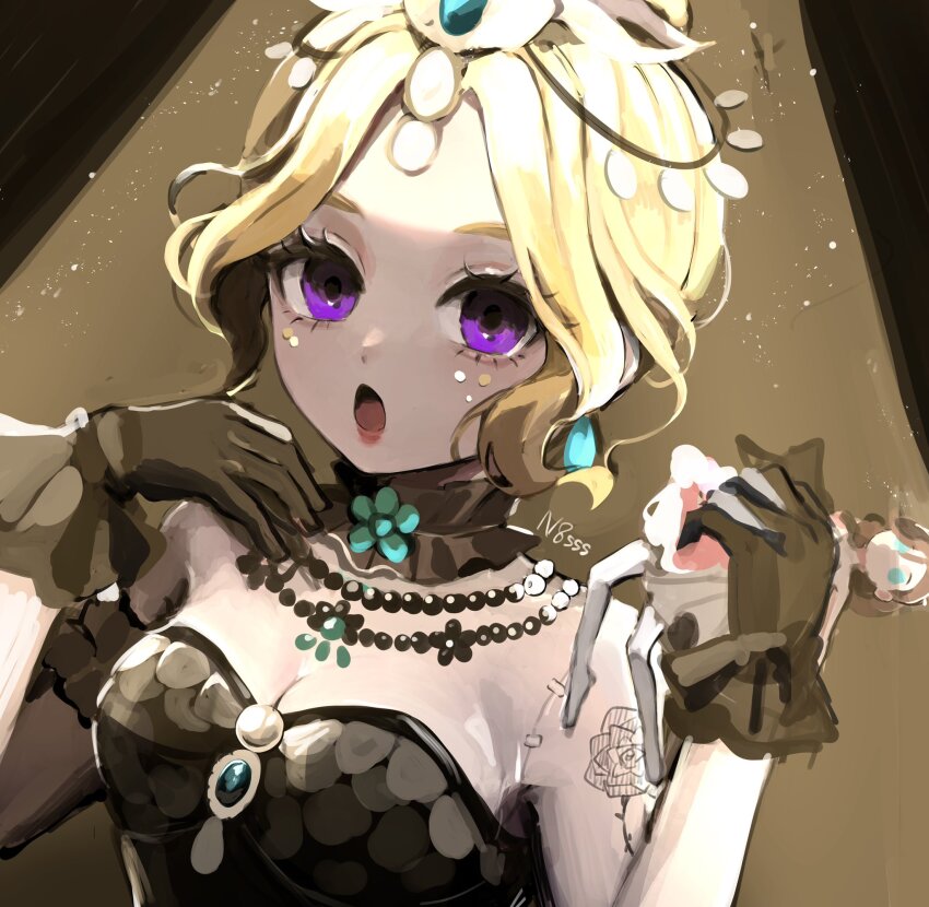 1girl, :o, arm_tattoo, bare_shoulders, black_background, black_collar, black_gloves, black_leotard