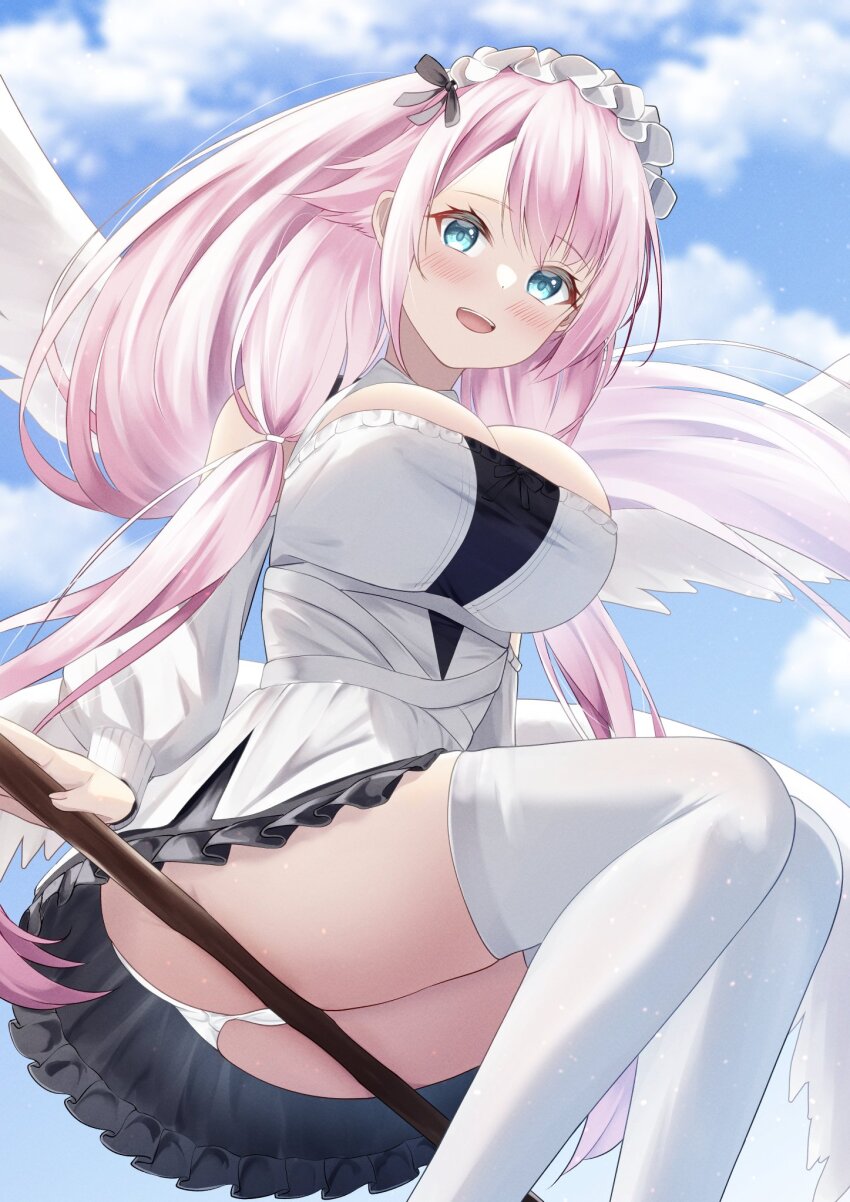 1girl, aqua_eyes, ass, azur_lane, bare_shoulders, breasts, broom, broom_riding, cleavage, cleavage_cutout, clothing_cutout, cloud, detached_sleeves, dress, feathered_wings, frilled_hairband, frills, from_below, hairband, highres, large_breasts, long_hair, long_sleeves, looking_at_viewer, multiple_wings, panties, pink_hair, short_dress, sky, solo, theseus_(azur_lane), thighhighs, thighs, underwear, white_dress, white_panties, white_thighhighs, wings, yorumon, zettai_ryouiki