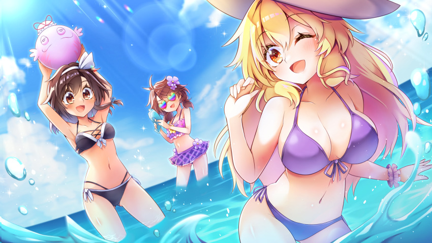 1other, 3girls, absurdres, beach, bikini, black_bikini, blonde_hair, blue_sky, breasts, brown_eyes, brown_hair, character_doll, doll, hairband, hat, heart, highres, keyaki_chimaki, large_breasts, light_rays, long_hair, looking_at_another, maribel_hearn, medium_breasts, multiple_girls, ocean, one_eye_closed, partially_submerged, purple_bikini, rainbow_gradient, sky, sunglasses, swimsuit, touhou, twintails, usami_renko, usami_sumireko, water, water_gun, yakumo_yukari, yakumo_yukari_(axolotl), yellow_eyes