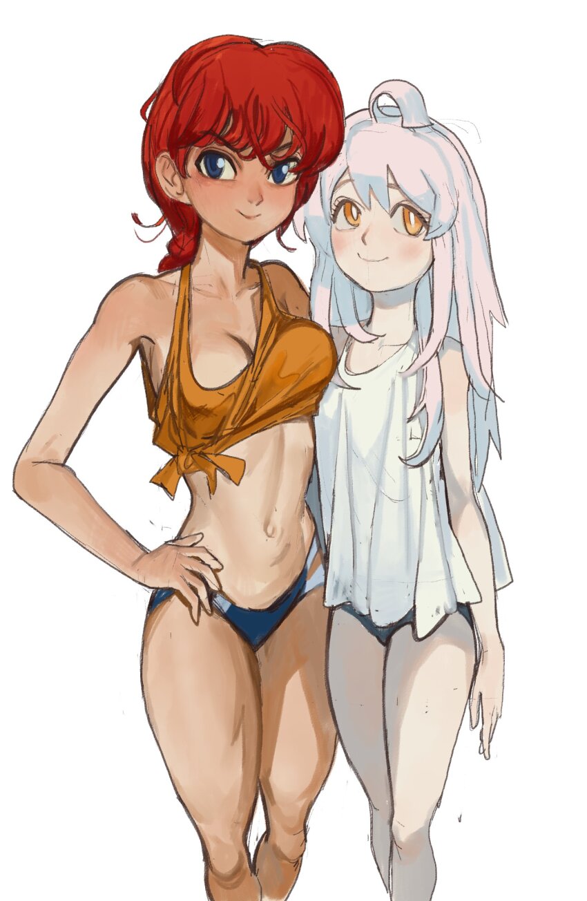 2girls, blue_eyes, breasts, cleavage, hand_on_own_hip, highres, long_hair, mahiro_(akino-suisen), medium_breasts, mossacannibalis, multiple_girls, onii-chan_wa_oshimai!, orange_eyes, oyama_mahiro, ranma-chan, ranma_1/2, red_hair, shirt, small_breasts, tied_shirt, underwear, white_hair