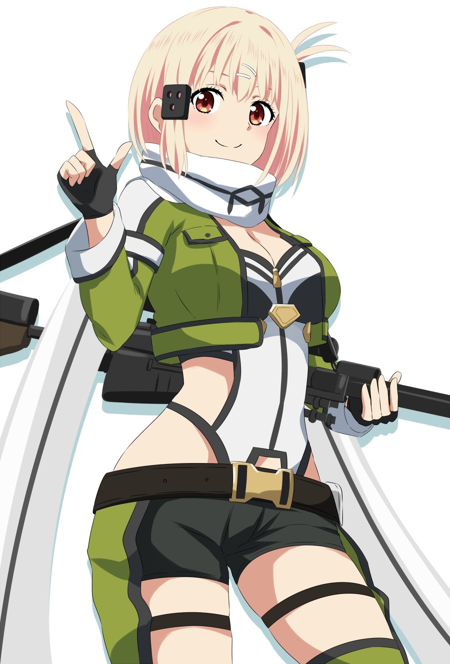 1girl, alternate_costume, anti-materiel_rifle, belt, black_belt, black_gloves, black_shorts, blonde_hair, bob_cut, bolt_action, breasts, closed_mouth, cosplay, dars_(recolors), fingerless_gloves, gloves, green_jacket, gun, hair_ornament, hairclip, highres, holding, holding_gun, holding_weapon, jacket, large_breasts, leotard, leotard_under_clothes, long_sleeves, looking_at_viewer, lycoris_recoil, nishikigi_chisato, pgm_hecate_ii, pocket, red_eyes, rifle, scarf, short_hair, short_shorts, shorts, simple_background, sinon, sinon_(cosplay), smile, sniper_rifle, solo, sword_art_online, weapon, white_background, white_scarf
