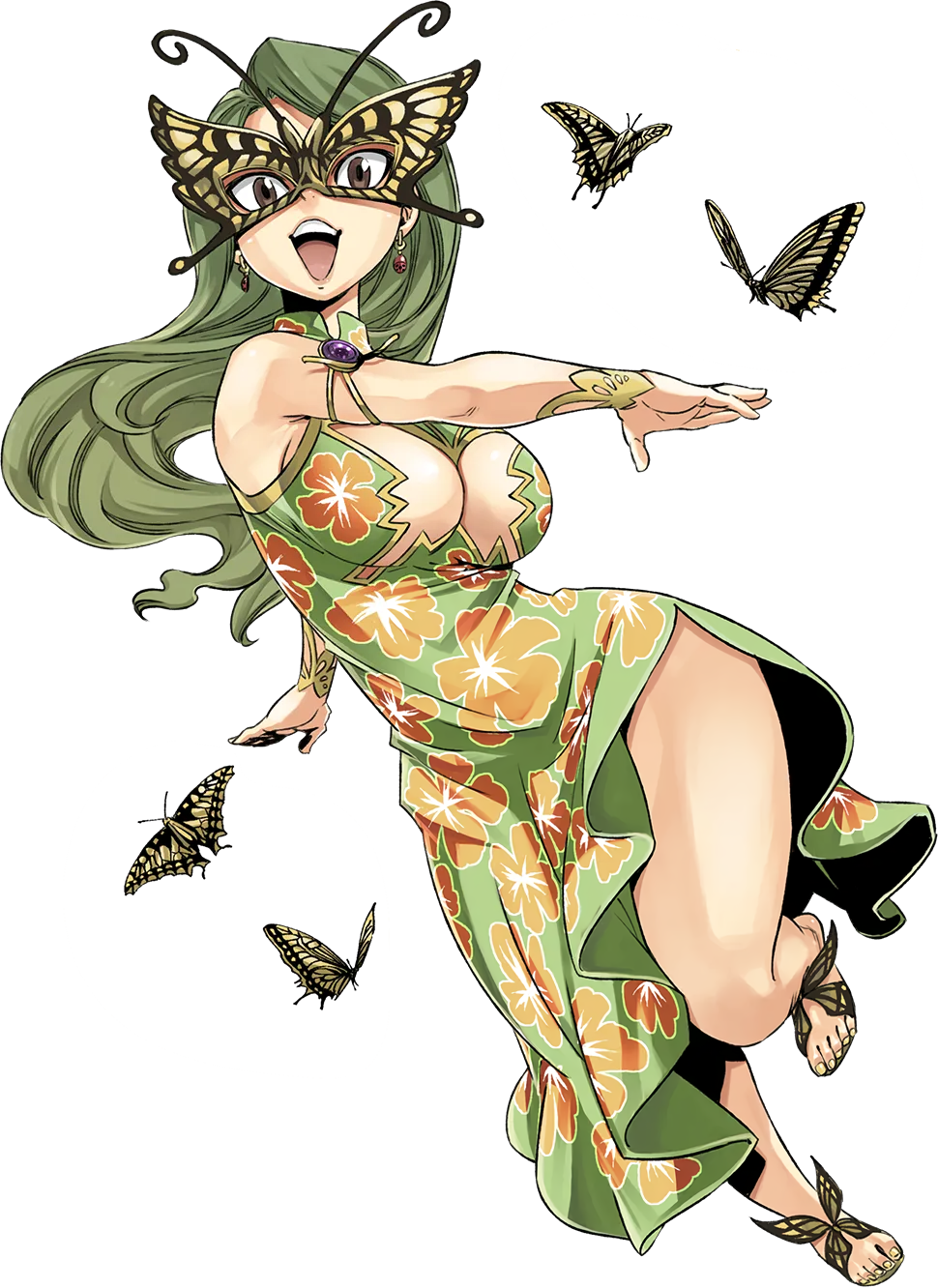 1girl, bare_shoulders, breasts, brown_eyes, bug, butterfly, butterfly_mask, cleavage, curvy, dress, earrings, floral_print, full_body, gate_of_nightmares, green_dress, green_hair, highres, insect, jasmine_(gate_of_nightmares), jewelry, large_breasts, long_hair, mashima_hiro, mask, official_art, open_mouth, sandals, smile, solo, teeth, transparent_background, upper_teeth_only, wide_hips
