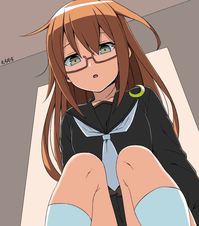 1girl, artist_name, black_sailor_collar, black_serafuku, black_skirt, brown_eyes, brown_hair, collarbone, crescent, crescent_pin, glasses, hair_between_eyes, kantai_collection, kneehighs, long_hair, long_sleeves, mochizuki_(kancolle), moti_coi, neckerchief, one-hour_drawing_challenge, open_mouth, red-framed_eyewear, sailor_collar, school_uniform, semi-rimless_eyewear, serafuku, signature, skirt, socks, solo, white_neckerchief, white_socks