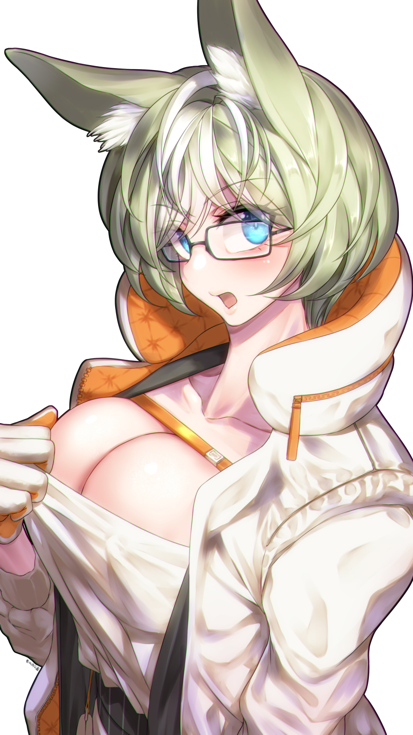 1girl, absurdres, animal_ear_fluff, animal_ears, arknights, blue_eyes, breasts, cleavage, commentary_request, glasses, green_hair, highres, jacket, large_breasts, looking_at_viewer, multicolored_hair, proviso_(arknights), shirt, short_hair, simple_background, solo, streaked_hair, upper_body, white_background, white_hair, white_jacket, white_shirt, yamauchi_kouen