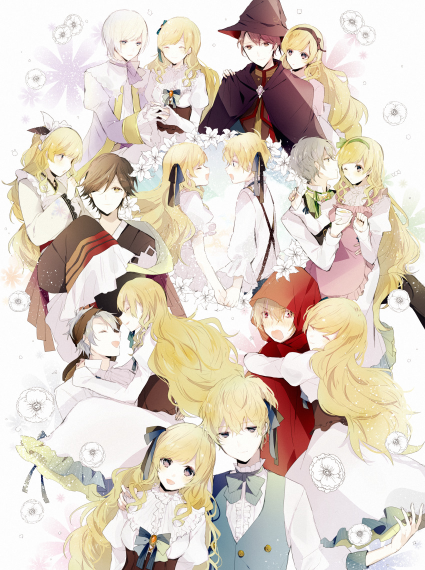 1girl, 6+boys, absurdres, akazukin_(taishou_x_alice), alice_(taishou_x_alice), arisu_yurika, blonde_hair, blue_eyes