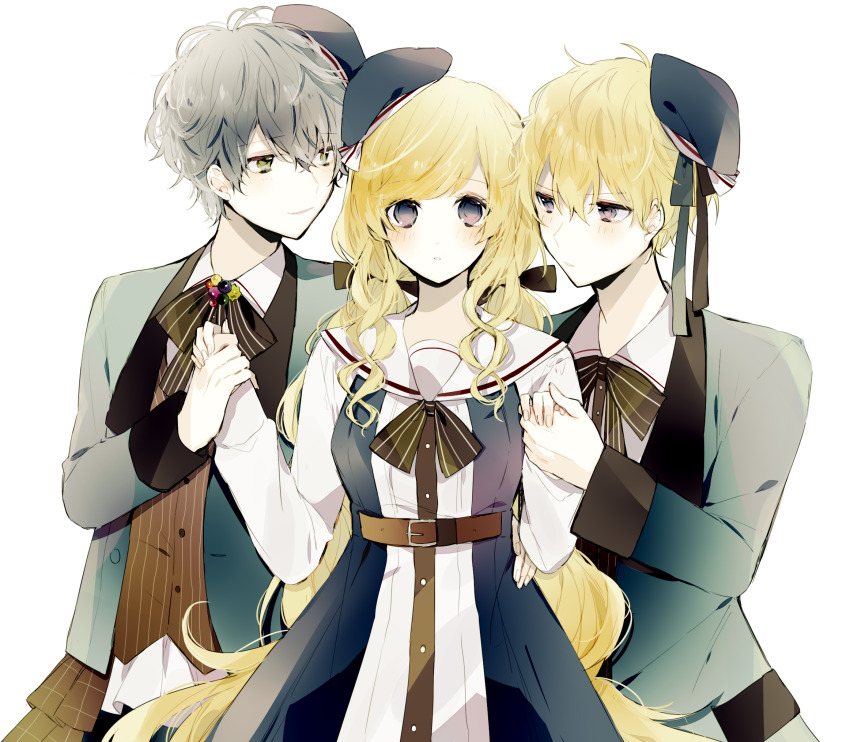 1girl, 2boys, alice_(taishou_x_alice), arisu_yurika, blonde_hair, blush, dress, green_eyes