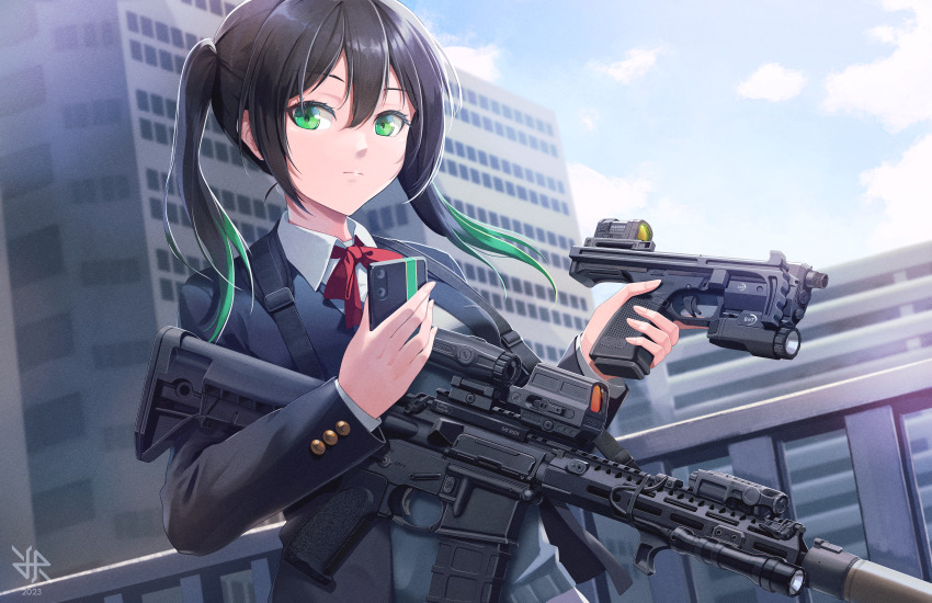 1girl, artist_logo, b&amp;t_usw-a1, backpack, bag, bcm_mcmr, black_bag, black_hair