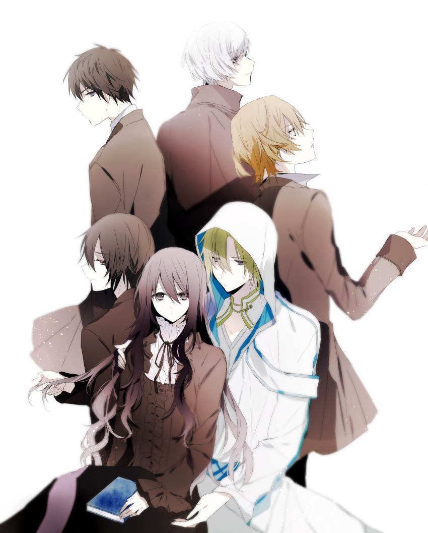 1girl, 5boys, absurdres, ao_(shinigami_to_shoujo), black_eyes, black_hair, blonde_hair, blue_eyes