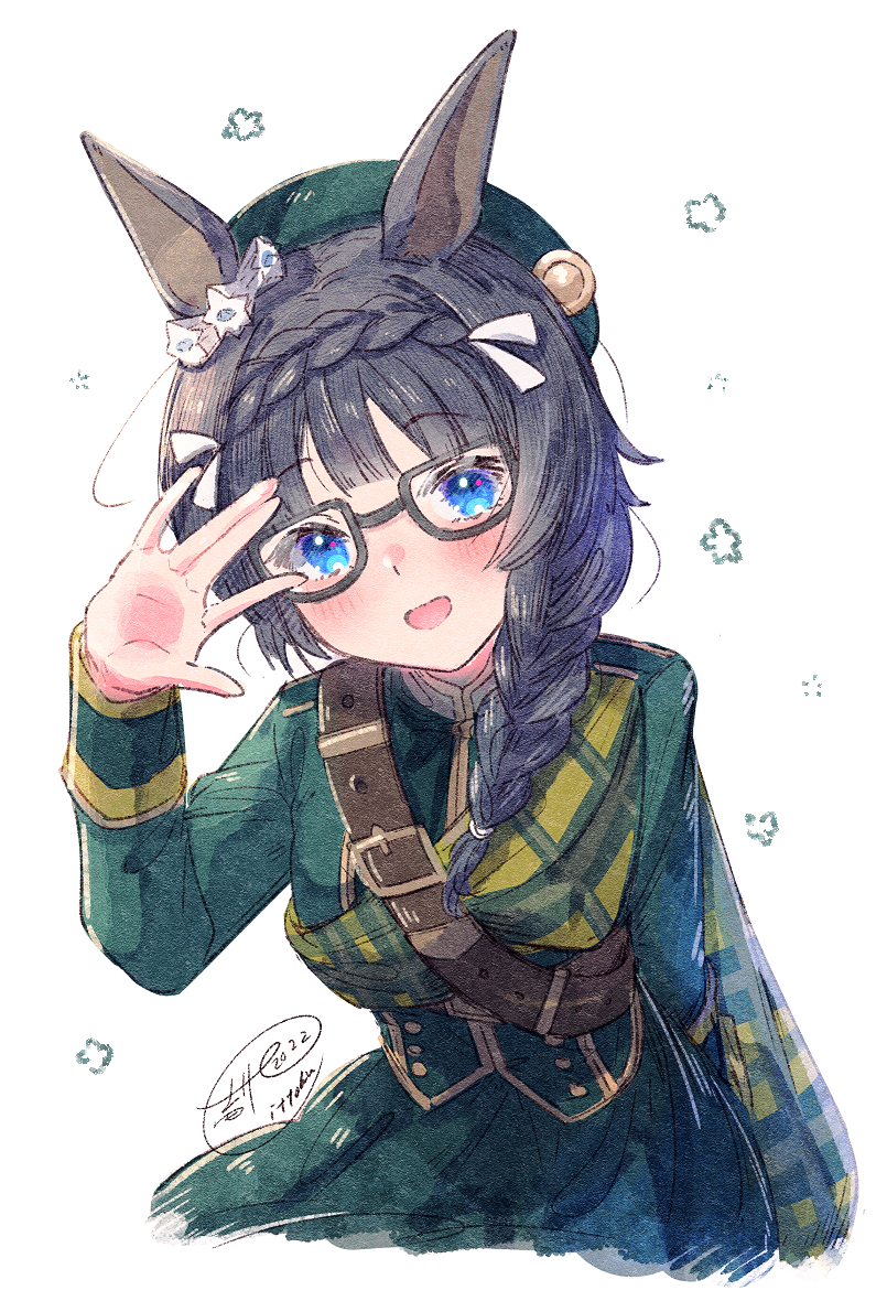 1girl, animal_ears, beret, black-framed_eyewear, black_hair, blue_eyes, blunt_bangs, braid