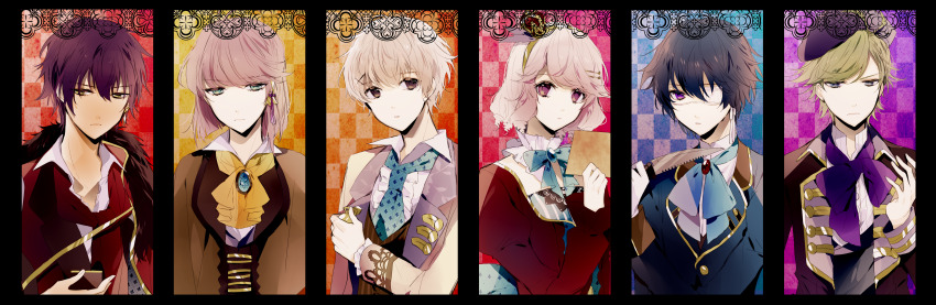 1girl, 5boys, absurdres, aqua_eyes, blonde_hair, brown_eyes, eyepatch, grey_eyes, highres, hinose_takeru, kashino_zakuro, kobashi_ouichirou, kuze_souma, light_brown_hair, looking_at_viewer, manai_tomoki, mitsuhara_seisuke, multiple_boys, pink_hair, purple_eyes, purple_hair, qi7pi, short_hair, sweet_clown, yellow_eyes