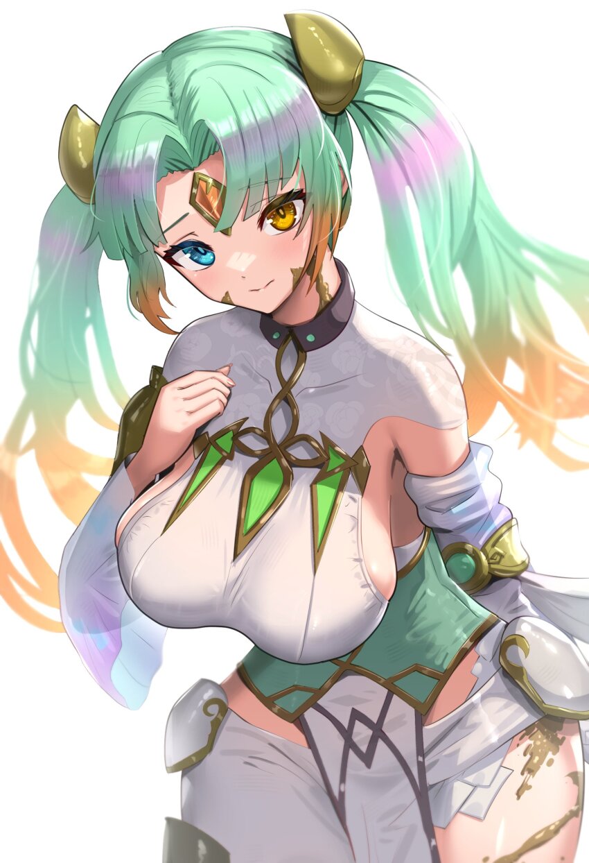 1girl, absurdres, aqua_eyes, breasts, collarbone, corruption, fire_emblem, fire_emblem_heroes, forehead_jewel, gonzarez, green_eyes, green_hair, hand_on_own_chest, heidr_(fire_emblem), highres, large_breasts, looking_at_viewer, multicolored_hair, nintendo, pelvic_curtain, smile, solo, thighs, twintails, white_background