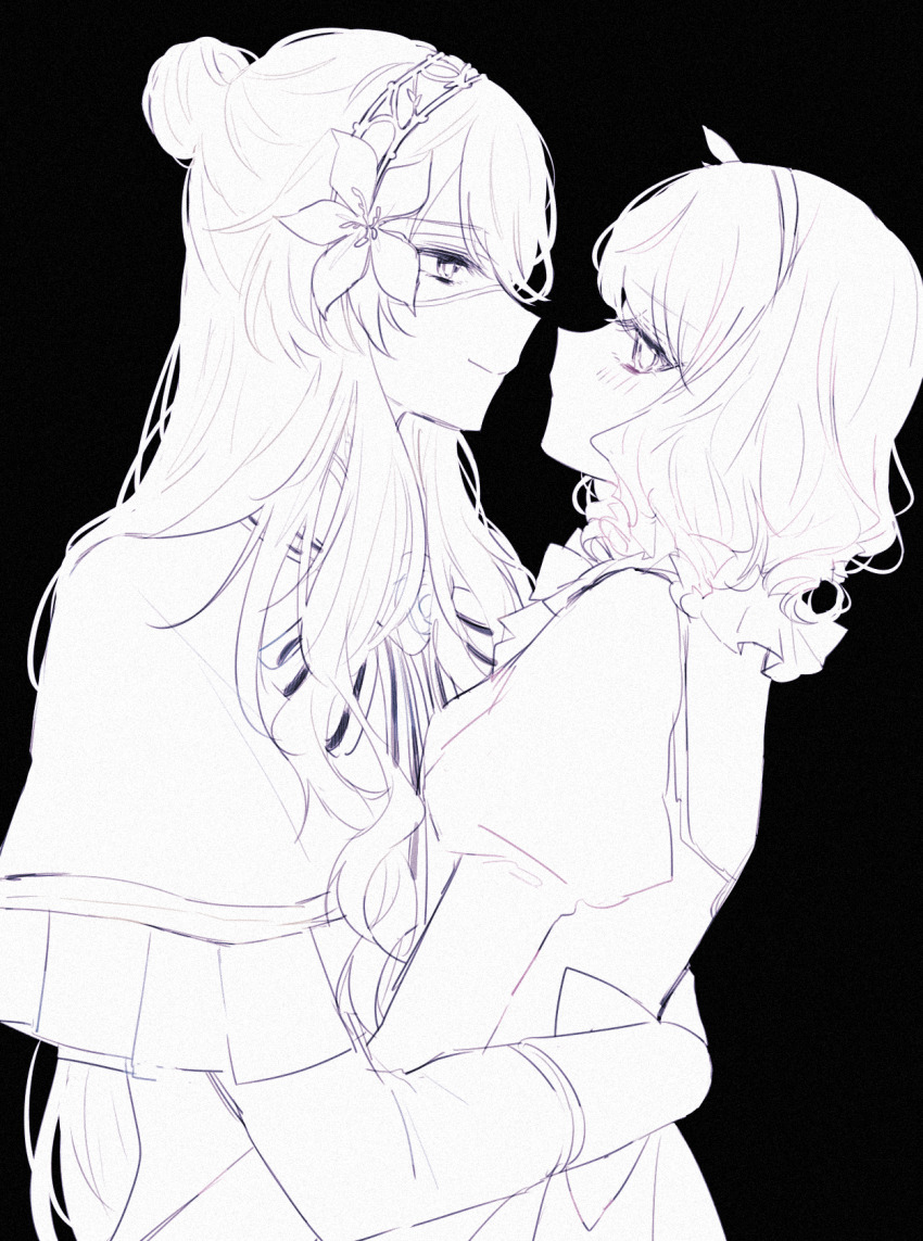 2girls, black_background, blush, closed_mouth, dress, eyepatch, facing_another, flower, hair_flower, hair_ornament, highres, hug, kashino_zakuro, long_hair, long_sleeves, maris_(sweet_clown), multiple_girls, qi7pi, short_hair, smile, sweet_clown, wavy_hair, yuri