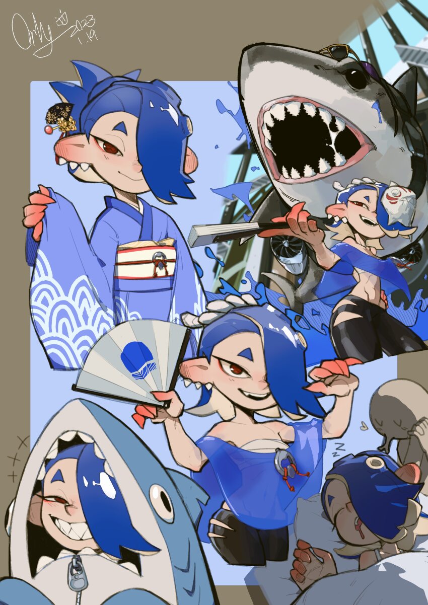 1girl, absurdres, animal_costume, blue_hair, chest_sarashi, clothing_cutout, earrings, eyeliner, grin, hachimaki, hair_over_one_eye, half-closed_eyes, hand_fan, hand_on_own_hip, headband, highres, hip_vent, holding, holding_fan, japanese_clothes, jewelry, kissing_head, makeup, master_mega_(splatoon), multiple_earrings, nejiri_hachimaki, nintendo, octoling, octoling_player_character, orly_custer, pointy_ears, red_eyes, sarashi, see-through_clothes, shark, shark_costume, shiver_(deep_cut_outfit)_(splatoon), shiver_(splatoon), smile, splatoon_(series), splatoon_3, suction_cups, tentacle_hair