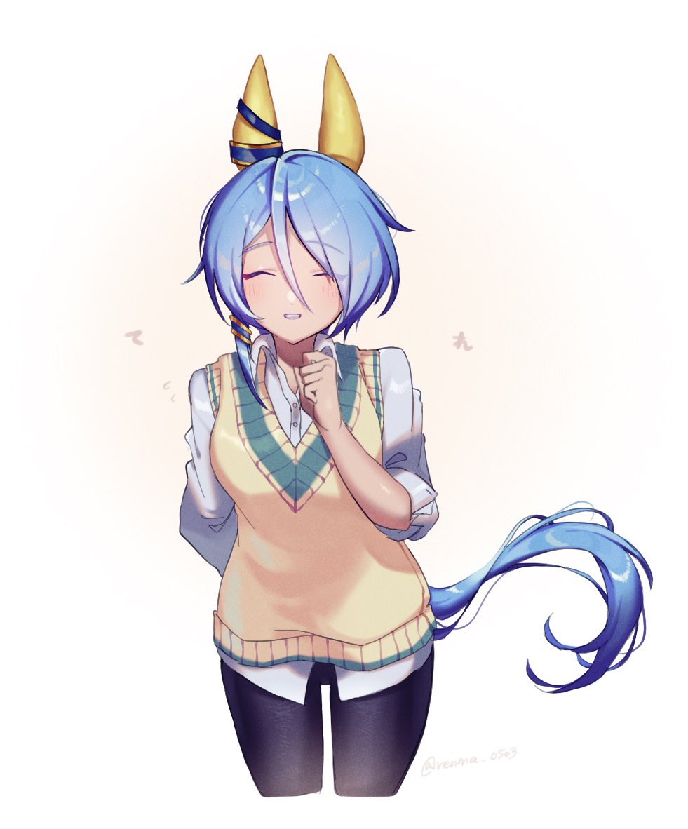 animal_ears, arm_behind_back, blue_hair, casual, cropped_legs, ear_ornament, horse_ears, horse_girl