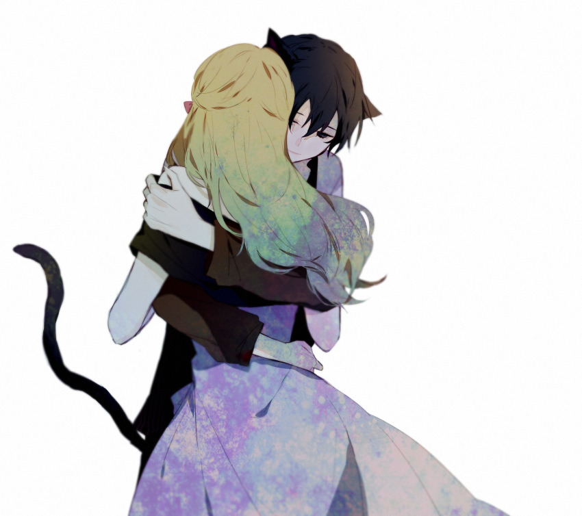 1boy, 1girl, animal_ears, black_shirt, black_wolves_saga, blonde_hair, cat_boy, cat_ears, cat_tail, closed_mouth, fiona_galland, hair_ribbon, hetero, highres, hug, julian_(black_wolves_saga), long_sleeves, off-shoulder_shirt, off_shoulder, purple_skirt, qi7pi, ribbon, shirt, short_hair, skirt, smile, tail, white_background