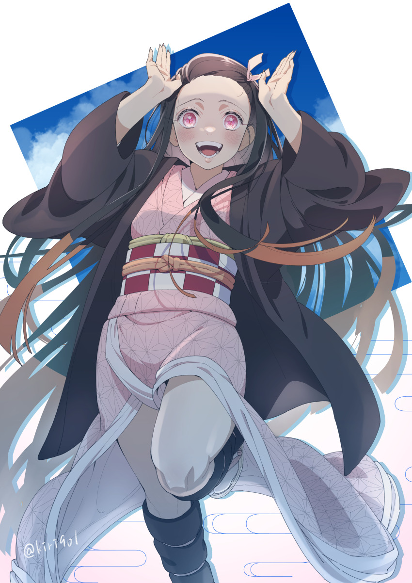 1girl, :d, absurdres, artist_name, black_hair, blue_sky, brown_hair, cloud, commentary_request, hair_ribbon, hands_up, haori, highres, japanese_clothes, kamado_nezuko, kimetsu_no_yaiba, kimono, kiriku_(nakuro), leg_up, long_hair, long_sleeves, looking_at_viewer, multicolored_hair, open_mouth, pink_eyes, pink_kimono, pink_ribbon, ribbon, sash, shiny_skin, sky, smile, solo, standing, standing_on_one_leg, thick_thighs, thighs
