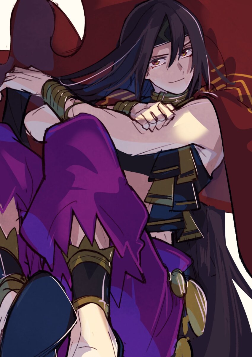 1boy, black_hair, black_headband, blue_shoes, bracelet, cape, closed_mouth, crop_top